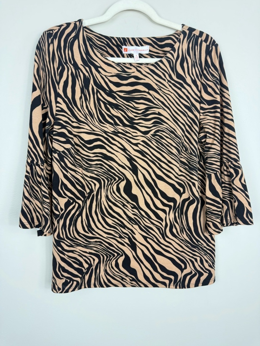 Jude Connally Top Womens Medium Bell Sleeve Animal Zebra Pint Black Brown Shirt